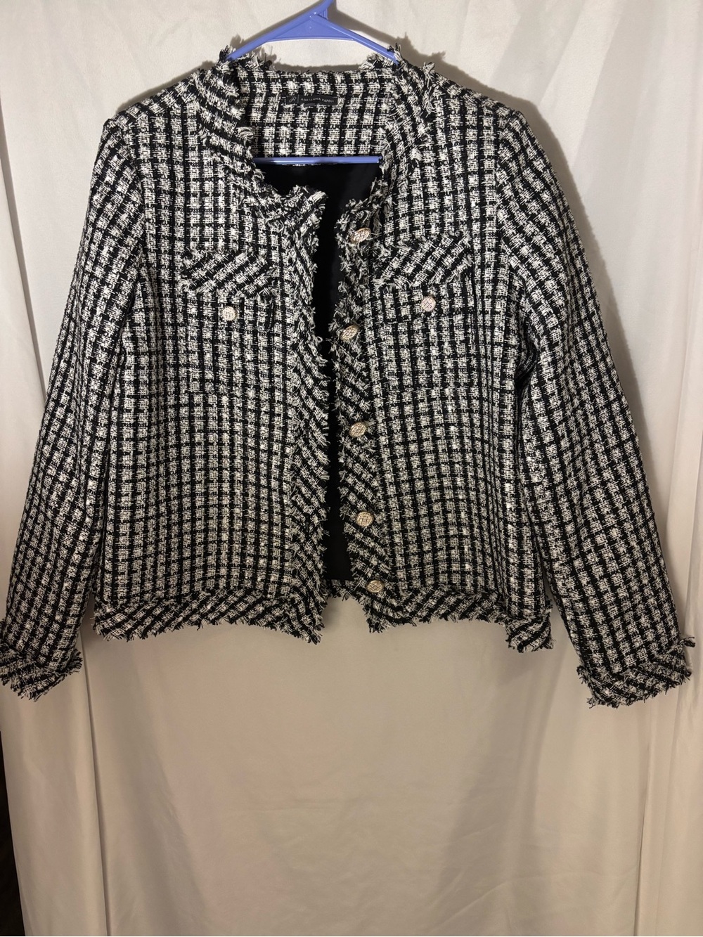 Adrianna Papell Black & White Tweed Fringe Jacket
